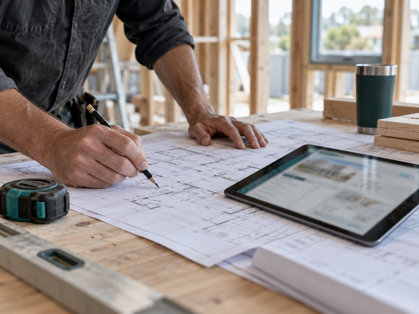 Builder reviewing architectural plans beside a tablet on a site workbench — AI-generated illustration.